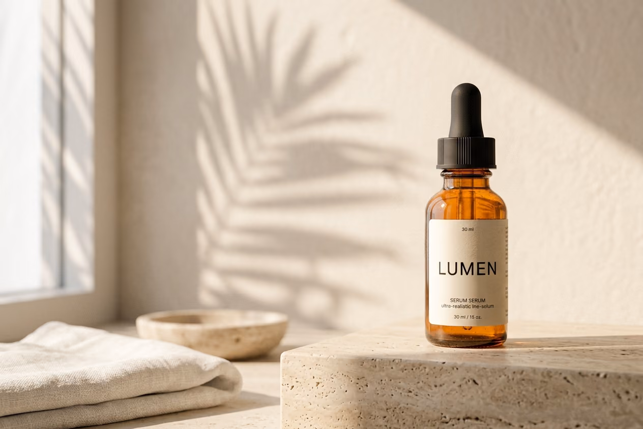 Lumen Skin serum launch visual on travertine in morning light