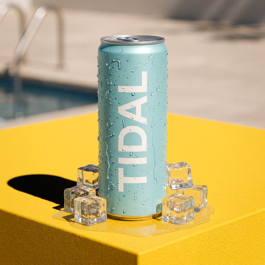 Sparkling water can on a bright yellow color block with ice