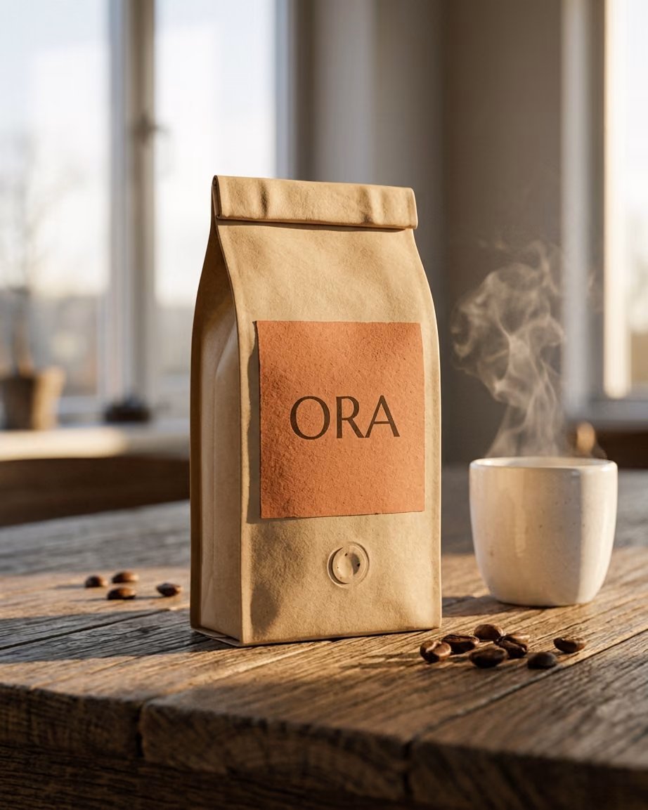 Coffee bag on an oak table in low morning sun