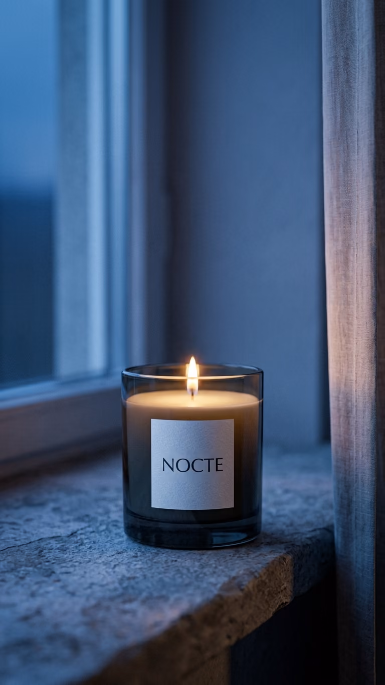 Candle glowing by a window at blue hour, vertical story format