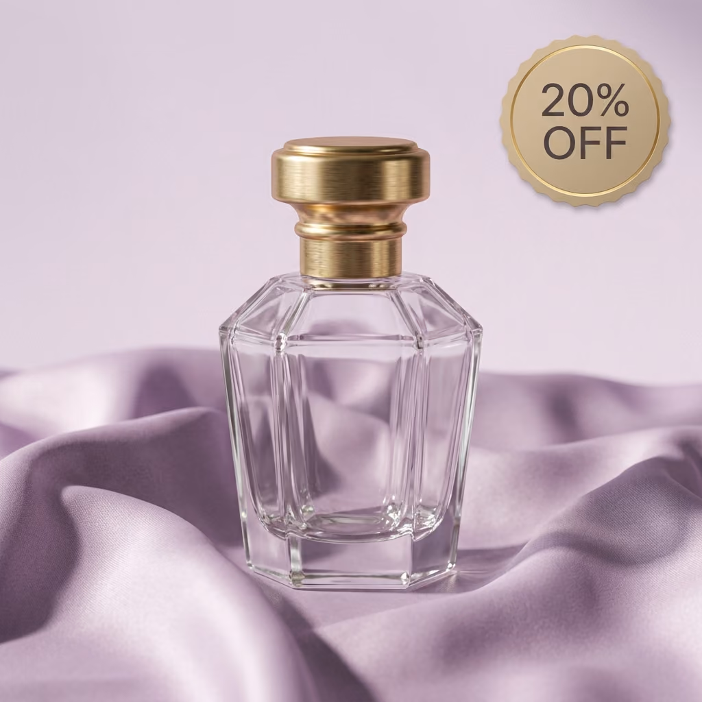 Perfume bottle on lilac fabric with a 20% off badge