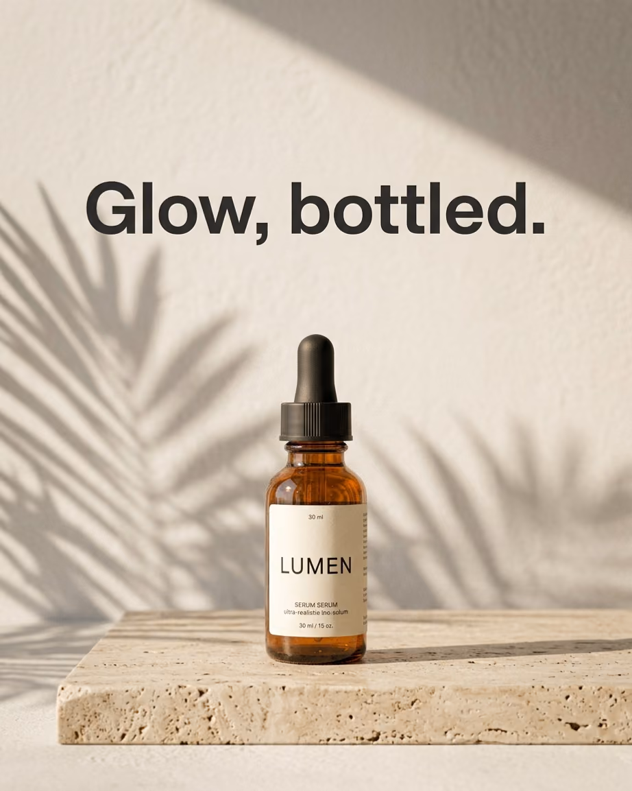 Serum bottle on travertine with headline 'Glow, bottled.'