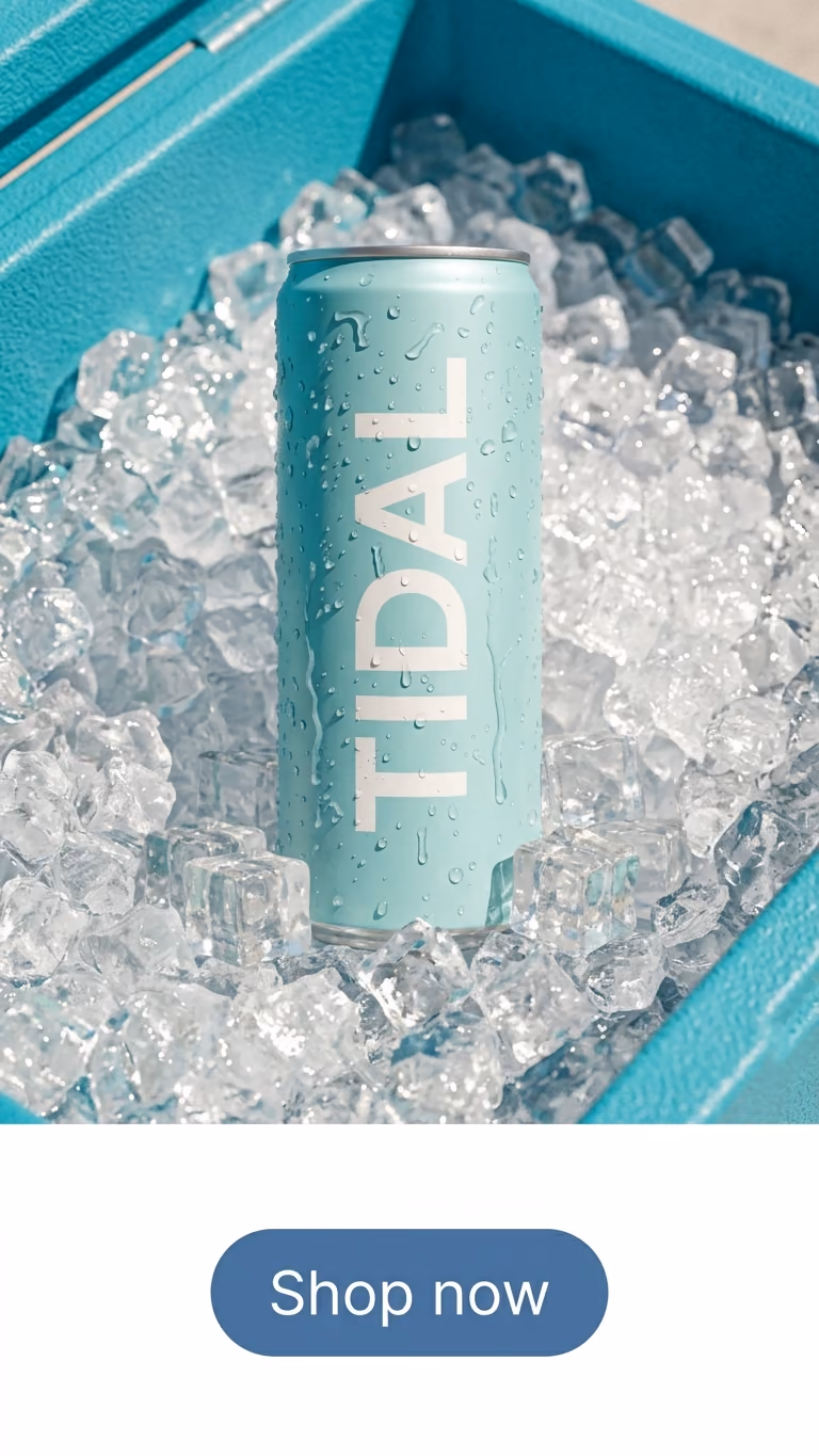 Sparkling water can in a cooler full of ice, vertical ad with 'Shop now' button