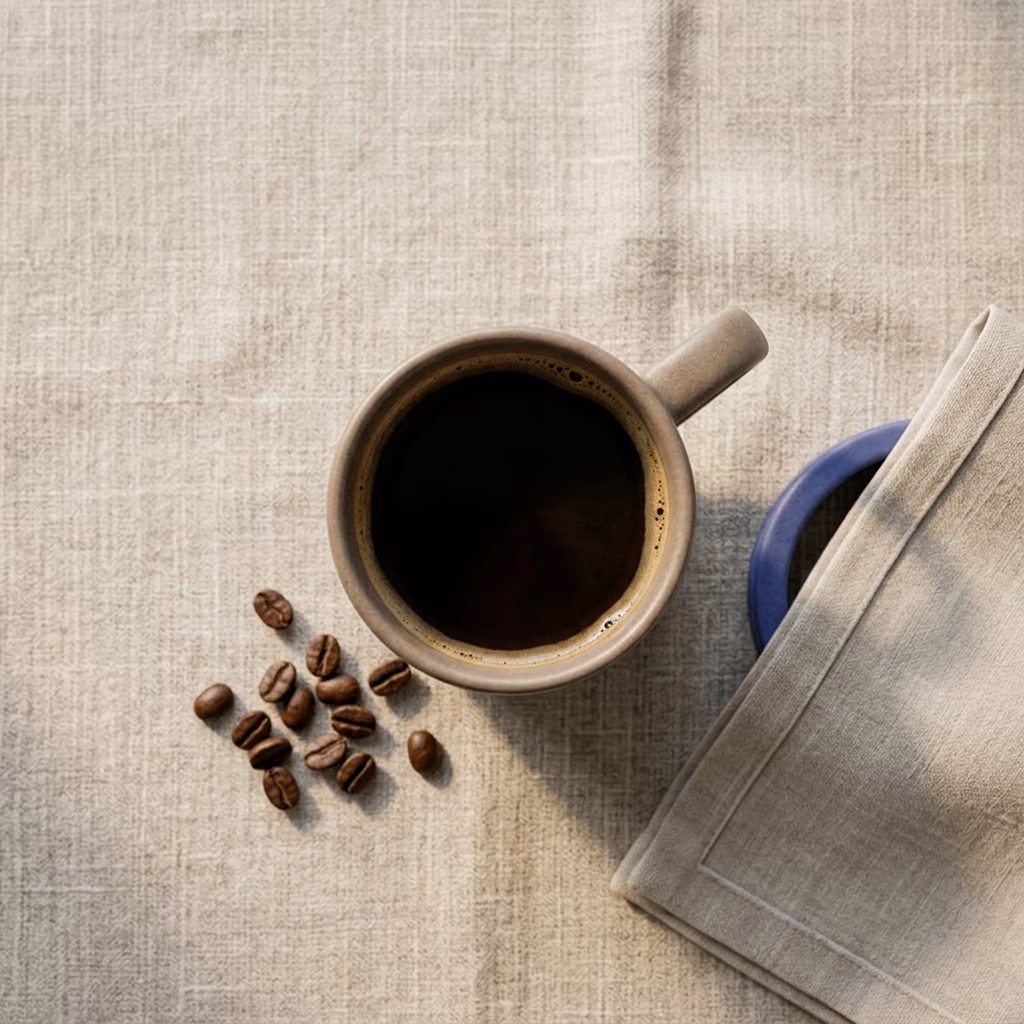 Ceramic mug and coffee beans on linen, top-down