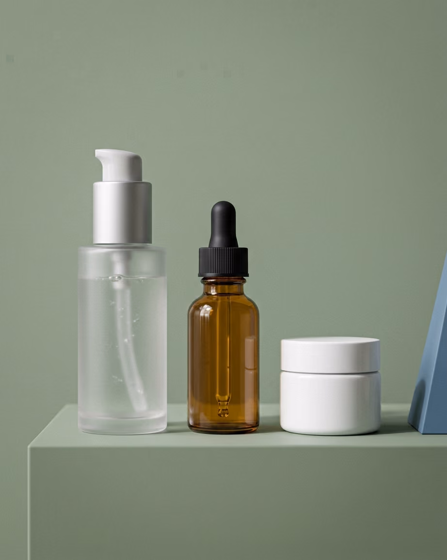 Skincare set of three bottles on a sage green background