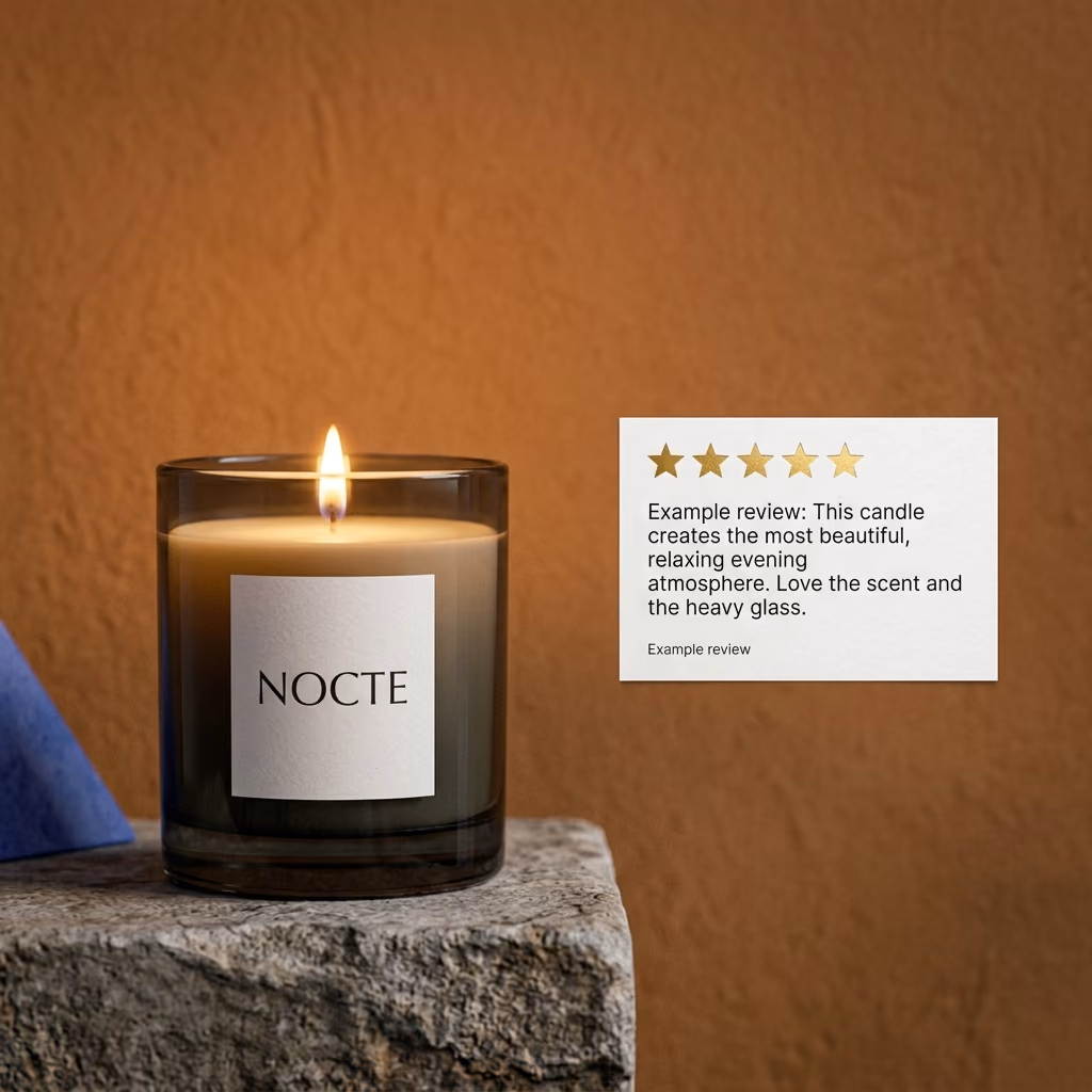 Candle on a stone plinth with a five-star review card