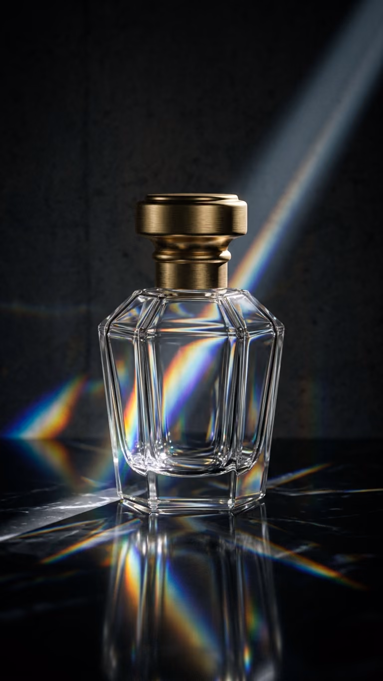 Perfume bottle with light refractions, vertical format