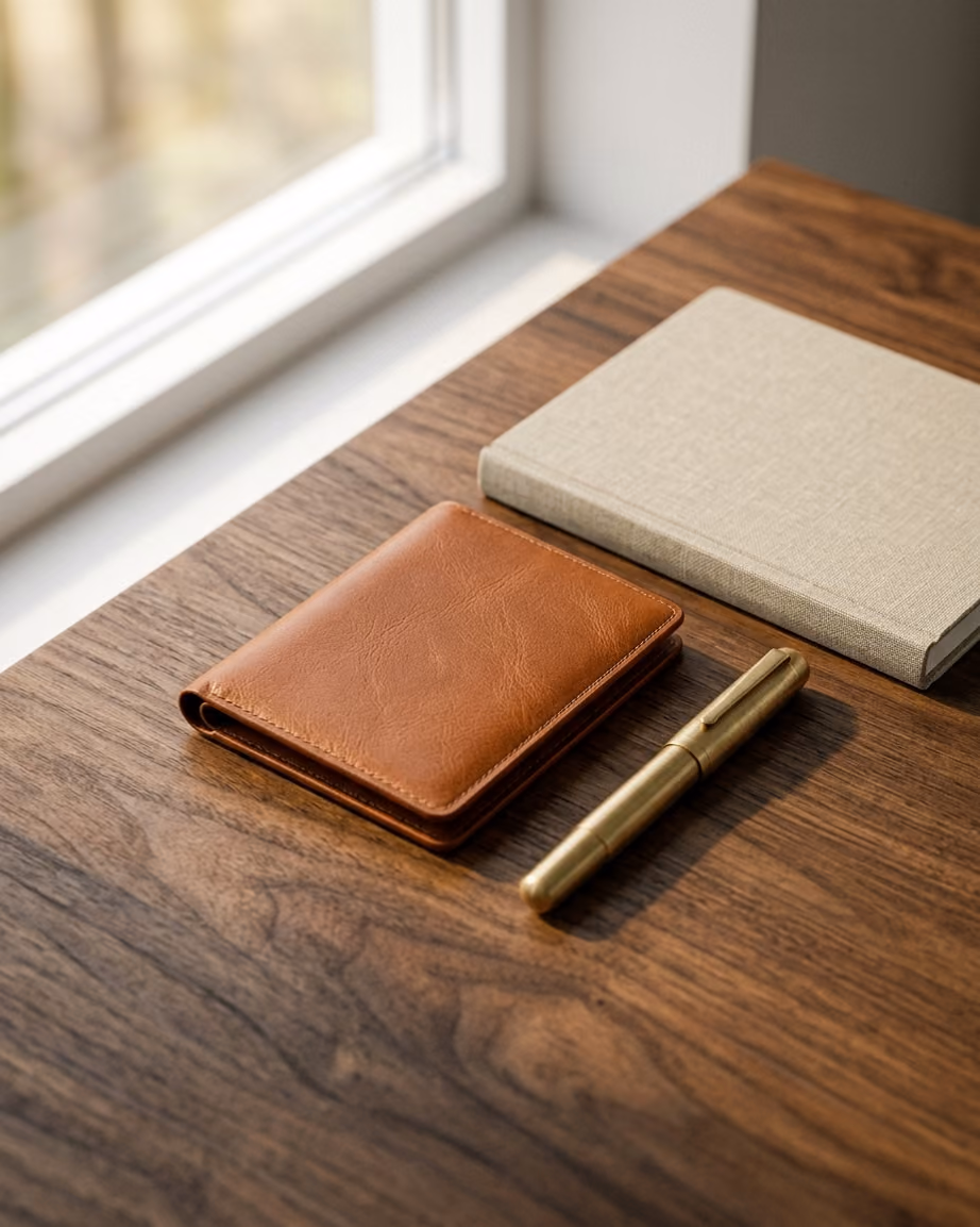 Leather wallet on a walnut desk next to a notebook