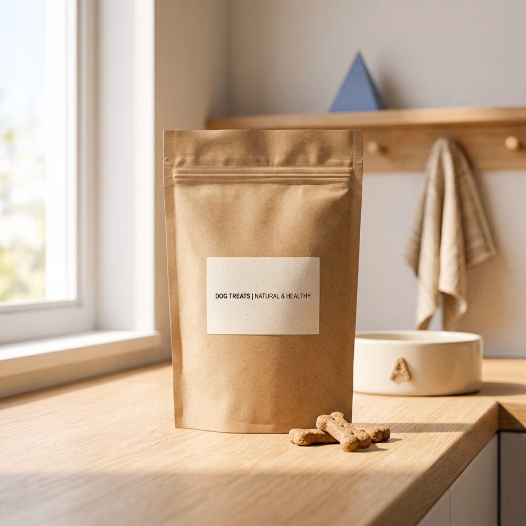 Dog treat bag on a sunny kitchen counter