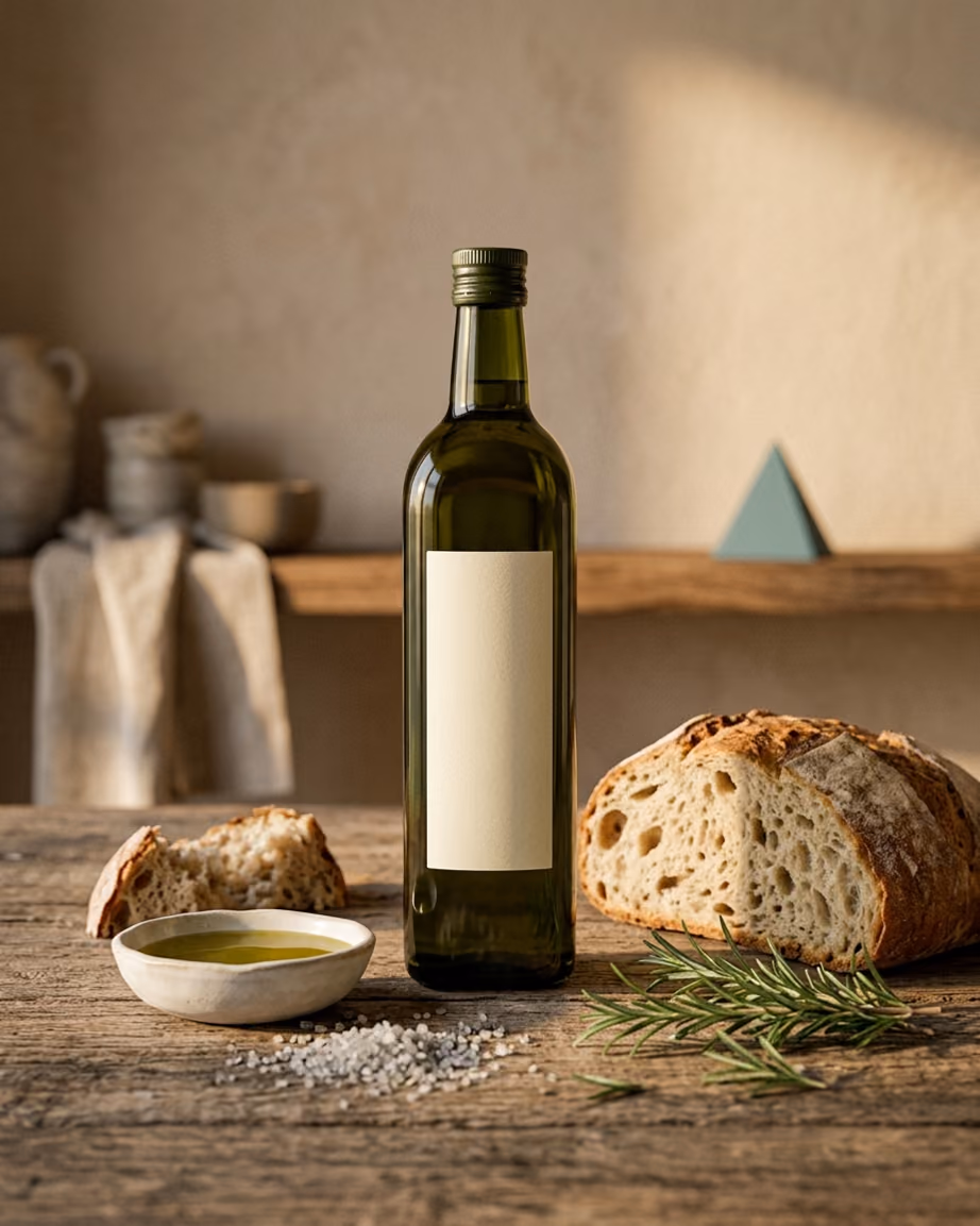 Olive oil bottle on a rustic table with bread and herbs