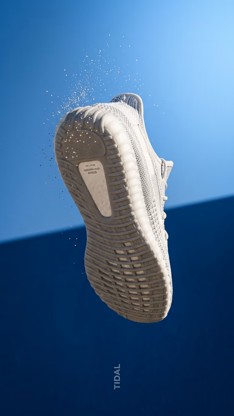 Running shoe mid-air against a blue sky, vertical ad