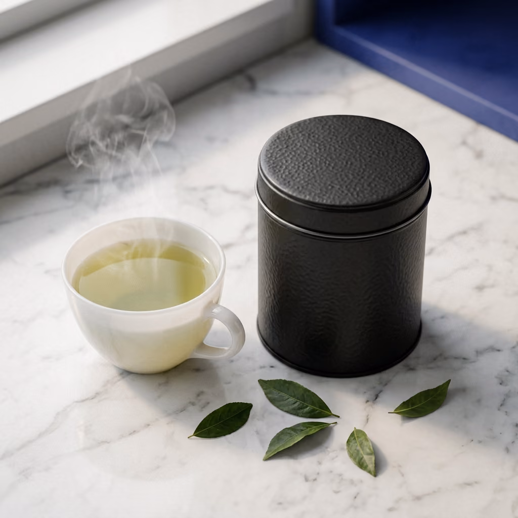 Tea tin on a marble surface with a steaming cup