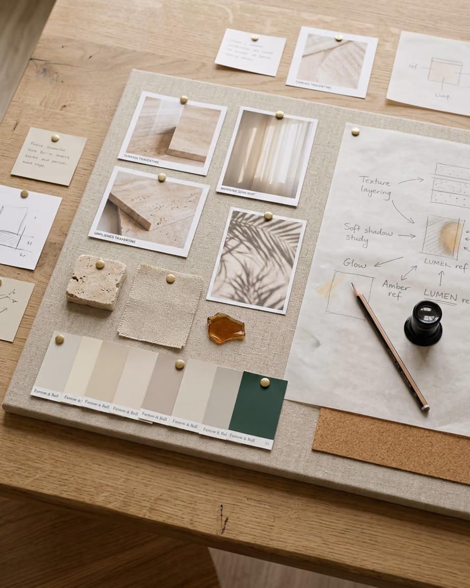 Creative direction board with mood images, color swatches and written notes