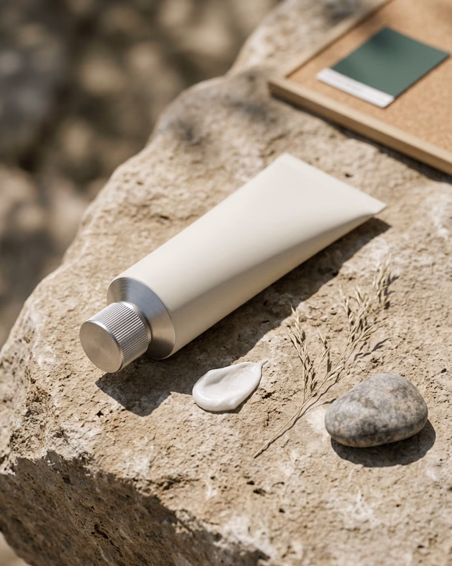 Lifestyle product photo of a hand cream on stone in natural light